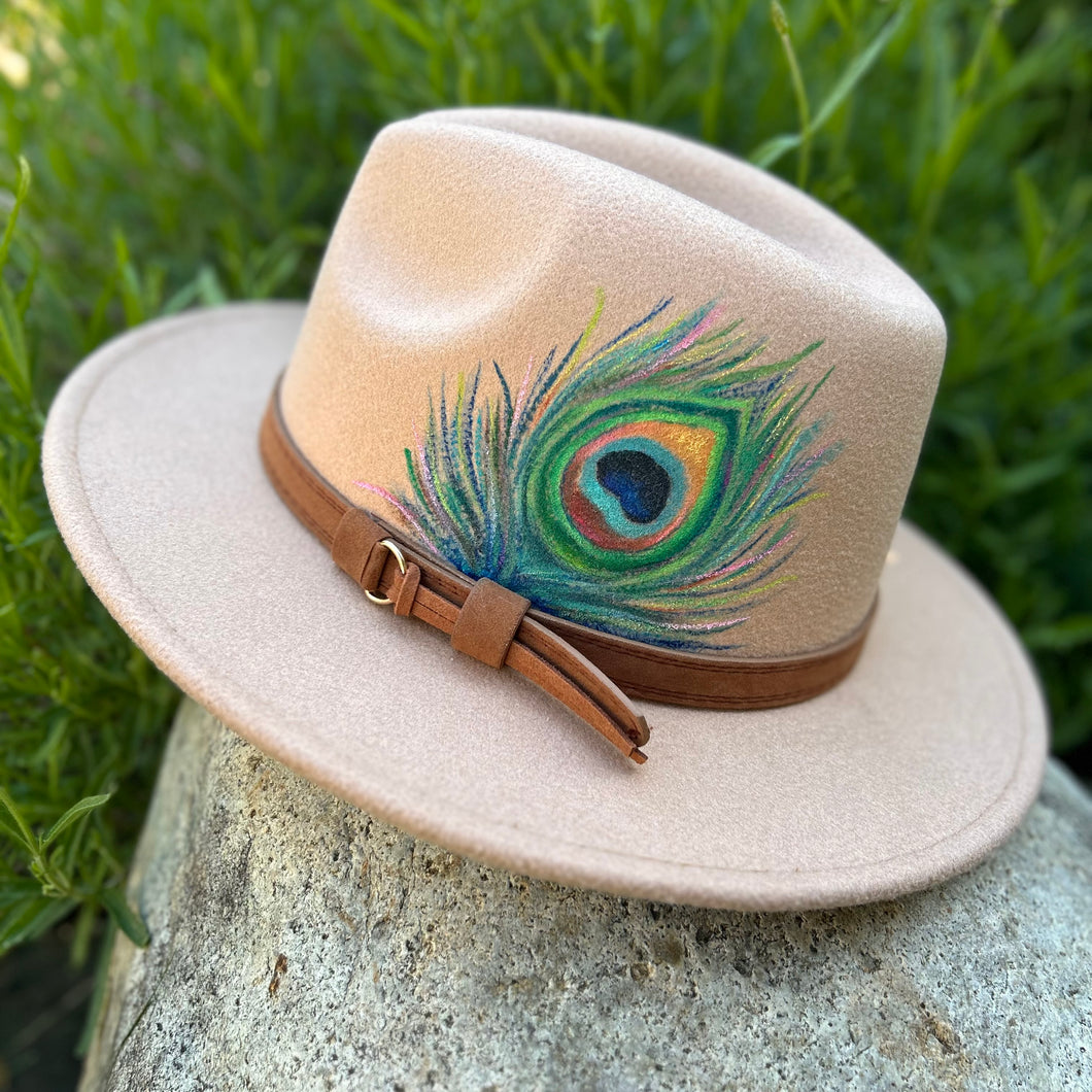 Hand painted Wide-Brim Feather Accent Hat in Taupe with Peacock Feather Ashley Peacock Feather Hat * Australian Wool * BJH015 – ByCila main image 3